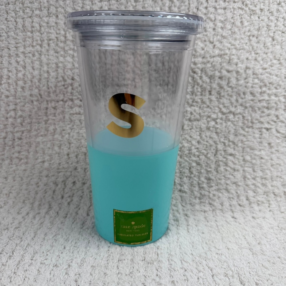 Kate Spade New York Insulated Tumbler Initial S Turquoise Blue Gold Monogram Cup